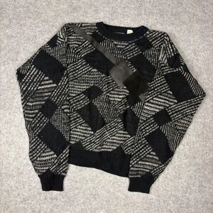 Vintage Stefano Man Geometric Knit Sweater Mens Large Black White Leather Detail